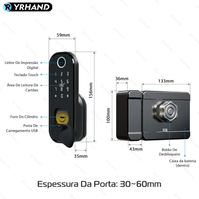 YRHAND Do Brasil R5 Tuya Smart lock fechadura eletronico digital Waterproof Wifi Fingerprint Lock Electronic Door Lock For Home - Imagem 3